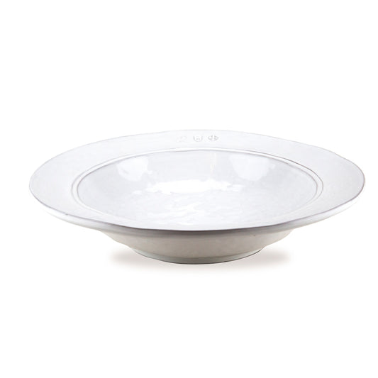 A white stoneware pasta soup bowl with a simple design, featuring a shield shape with a number inside.