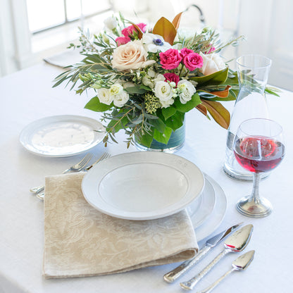 White Firenze Stoneware Pasta Soup Bowl Table setting with wine and Flowers