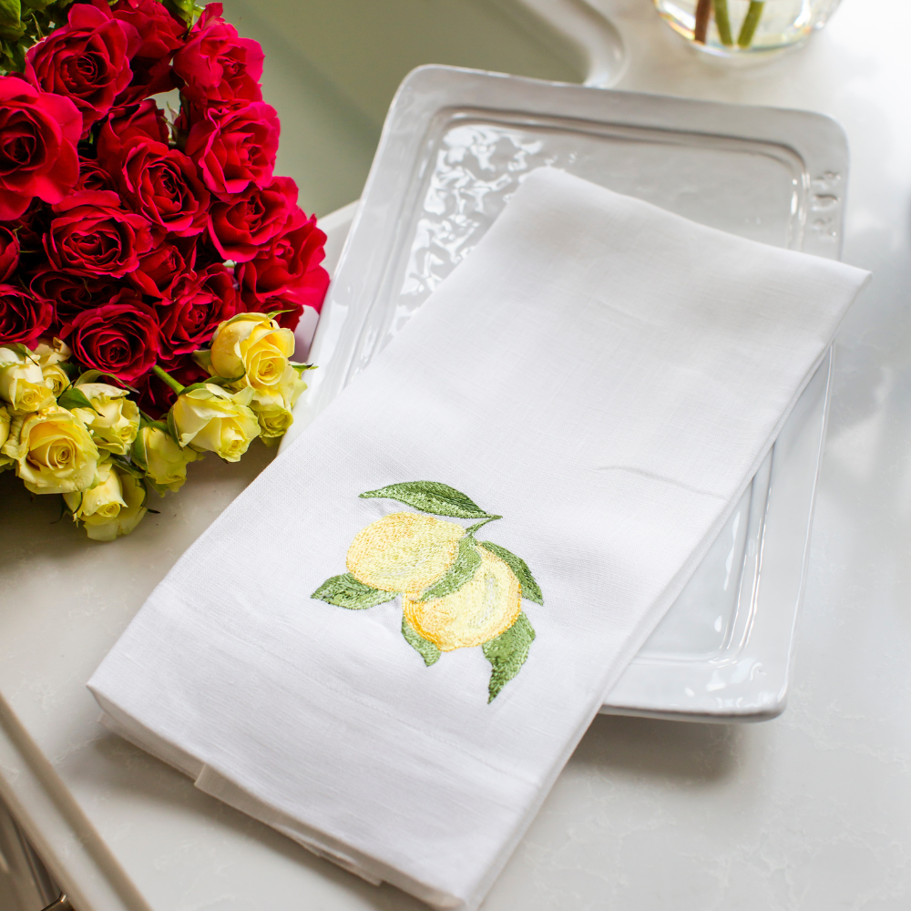 Firenze Rectangular Platter white Italian stoneware serving platter for table with lemons towel