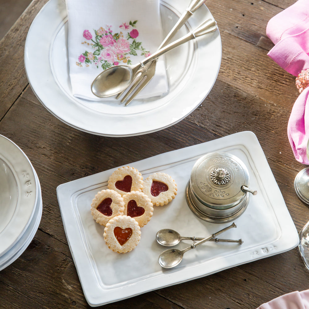 Firenze Rectangular Platter white Italian stoneware serving platter for table overhead viewi with heart cookies