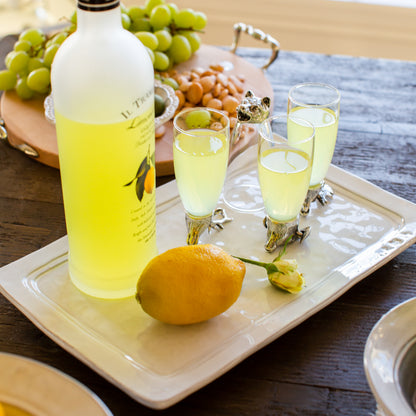 Firenze Rectangular Platter white Italian stoneware serving platter for table with lemoncello bottle and drinks