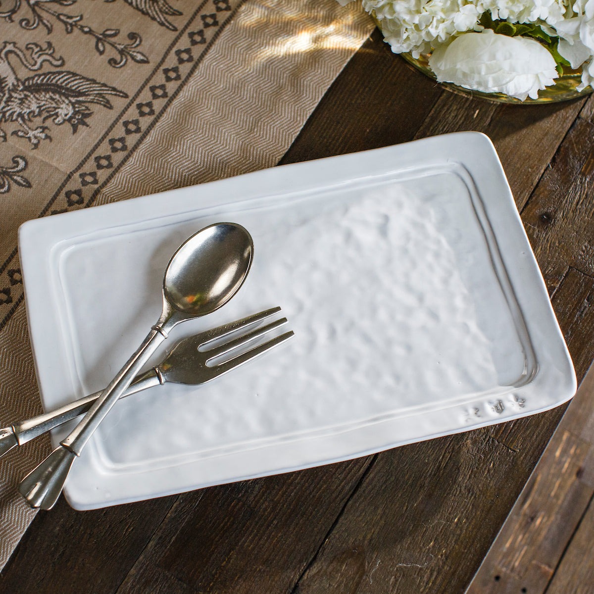 Firenze Rectangular Platter white Italian stoneware serving platter for table detail with serving utensils
