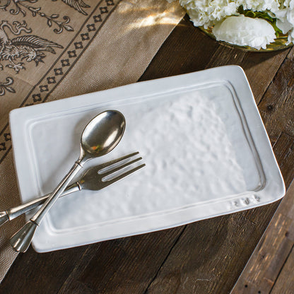 Firenze Rectangular Platter white Italian stoneware serving platter for table detail with serving utensils