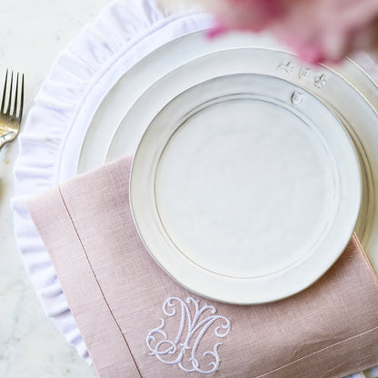 Firenze Salad Dessert Plate in stack with a Pink Linen monogram napkin