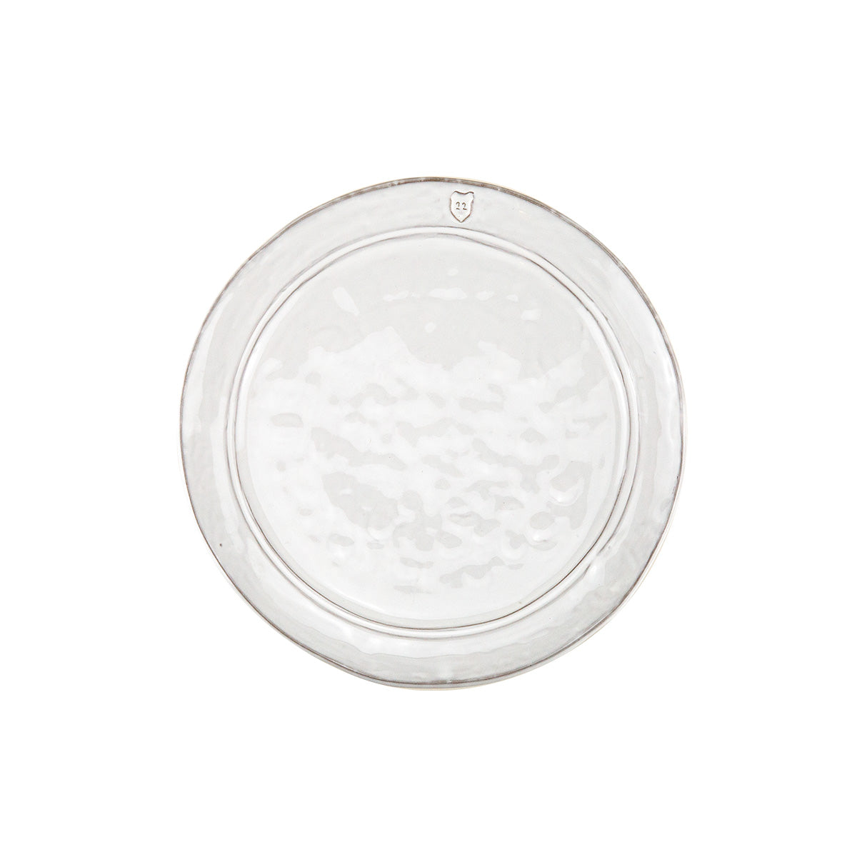 A round, white stoneware salad/dessert plate with Italian Stamp embedded in the center shield-shaped design.