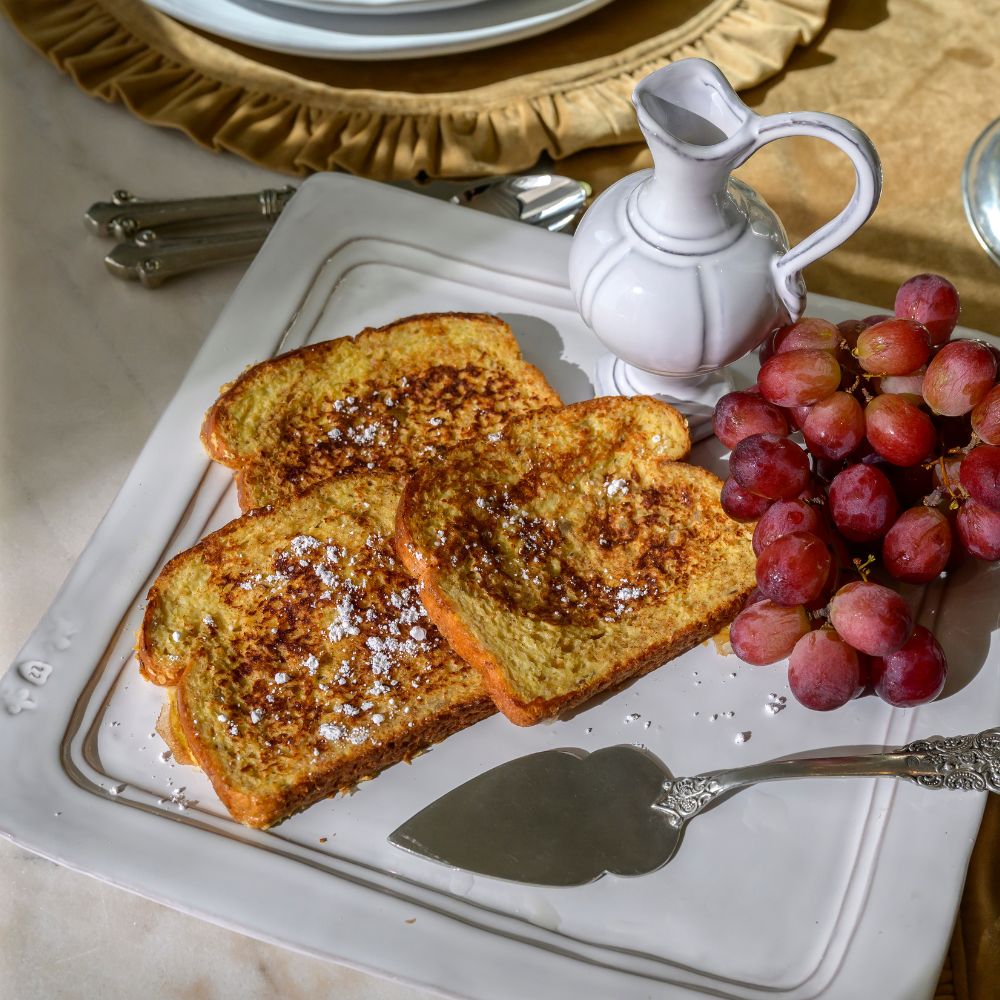 Firenze Square Platter white Italian stoneware luxury serving platter with breakfast french toast and grapes