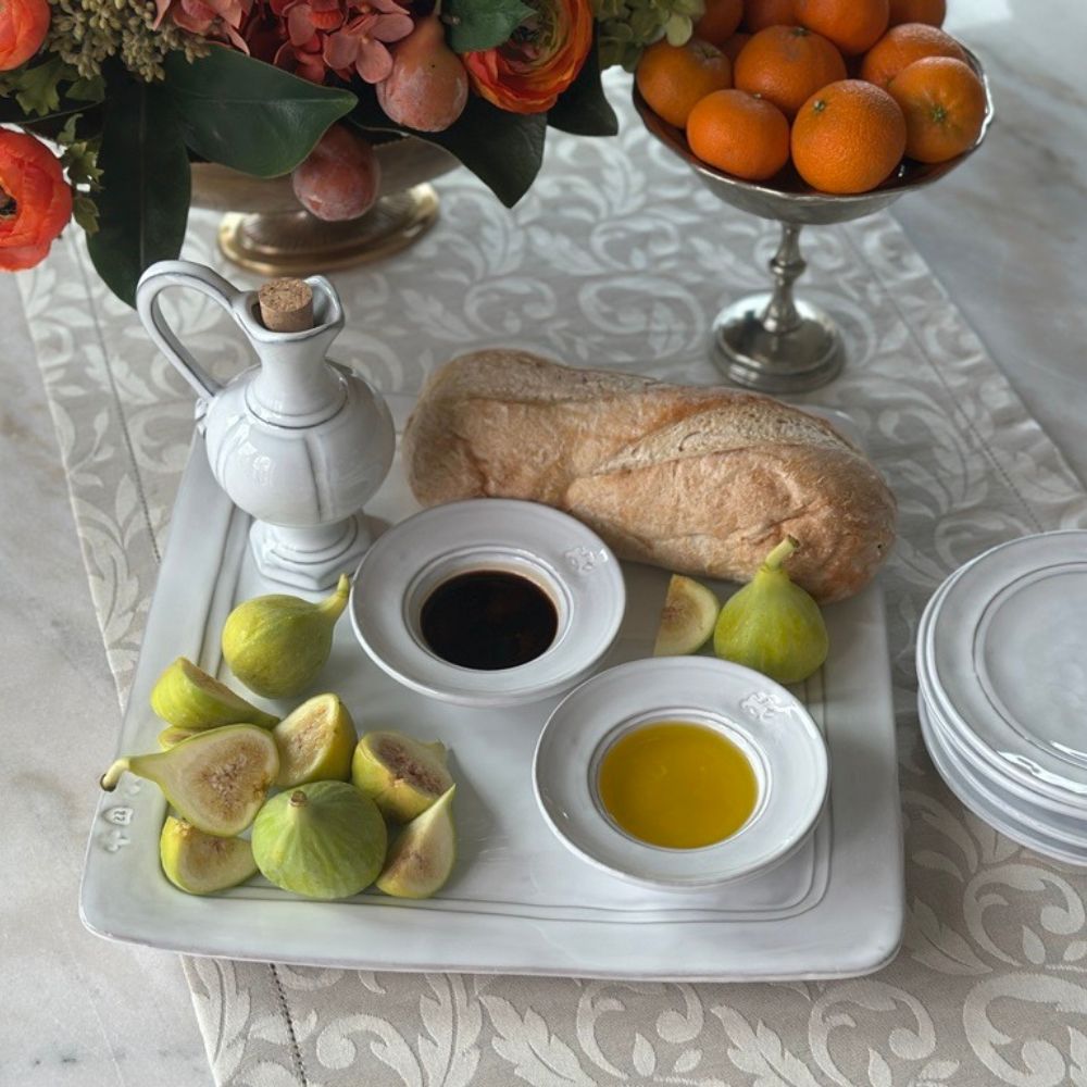 Firenze Square Platter white Italian stoneware luxury serving platter with oil and vinegar, bread and garlic on table with cruet