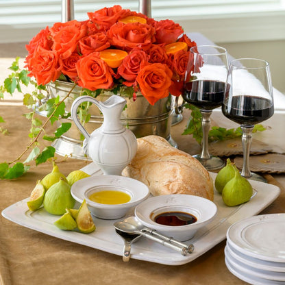Firenze Square Platter white Italian stoneware luxury serving platter on table with oil and vinegar, wine and bread