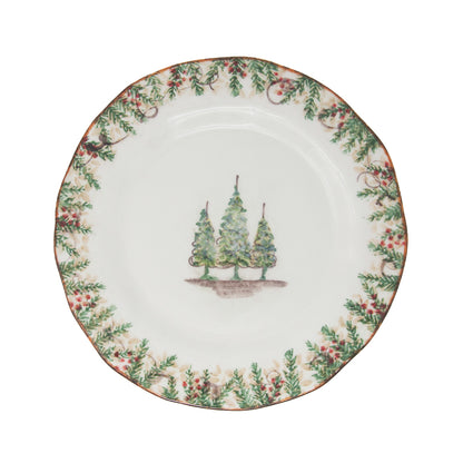 Arte Italica Natale dinner plate hand painted snowy evergreens Italian ceramic holiday décor