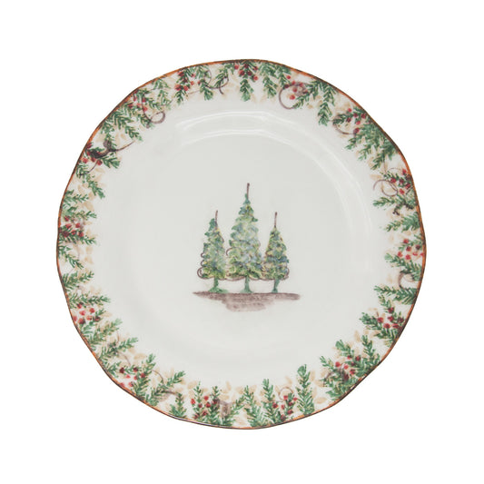 Arte Italica Natale dinner plate hand painted snowy evergreens Italian ceramic holiday décor