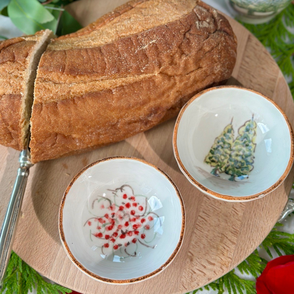 Arte Italica Natale dipping bowl set hand painted winterberries Italian ceramic serving set