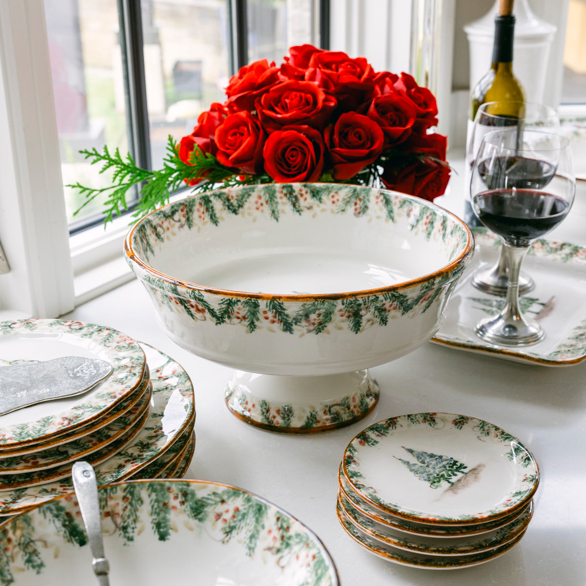 Arte Italica Natale footed serving bowl hand painted winterberries Italian ceramic festive tableware