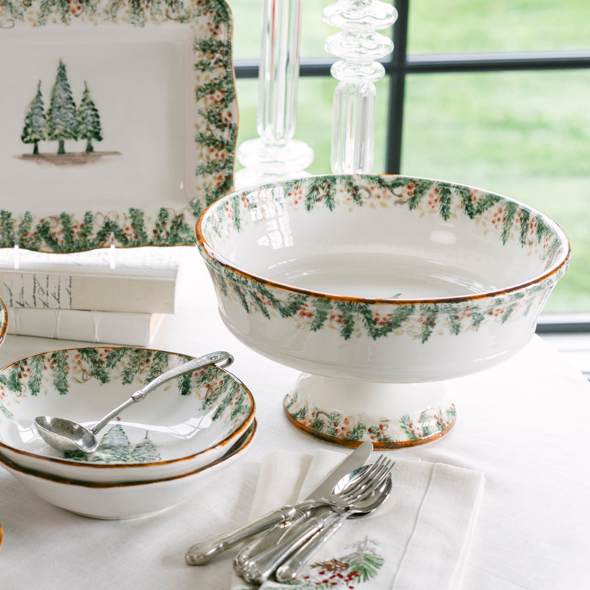 Arte Italica Natale footed serving bowl hand painted winterberries Italian ceramic festive tableware