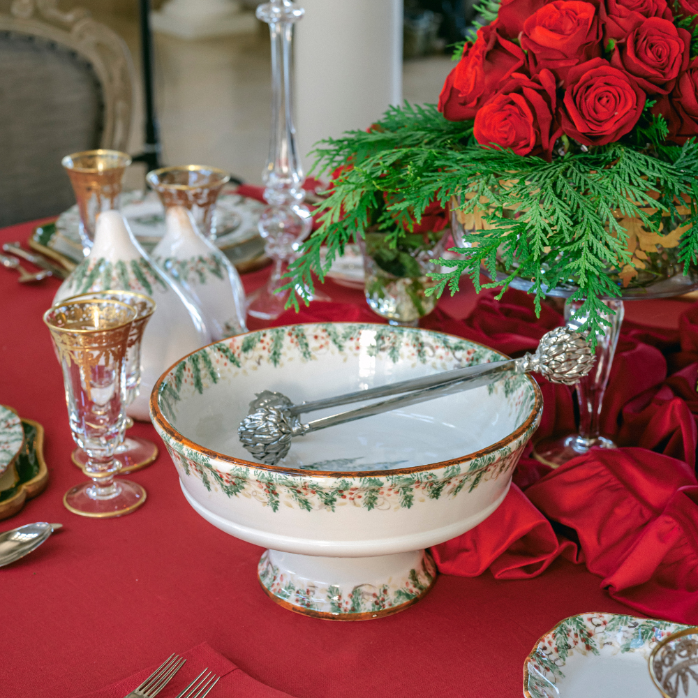 Arte Italica Natale footed serving bowl hand painted winterberries Italian ceramic festive tableware
