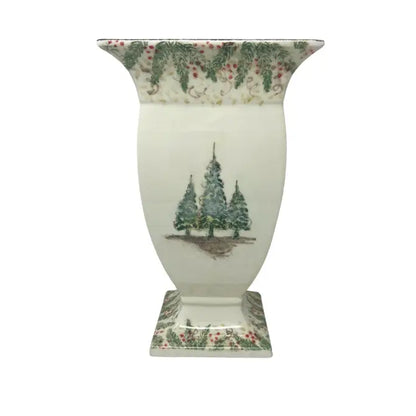 Arte Italica Natale footed vase hand painted snowy evergreens Italian ceramic holiday