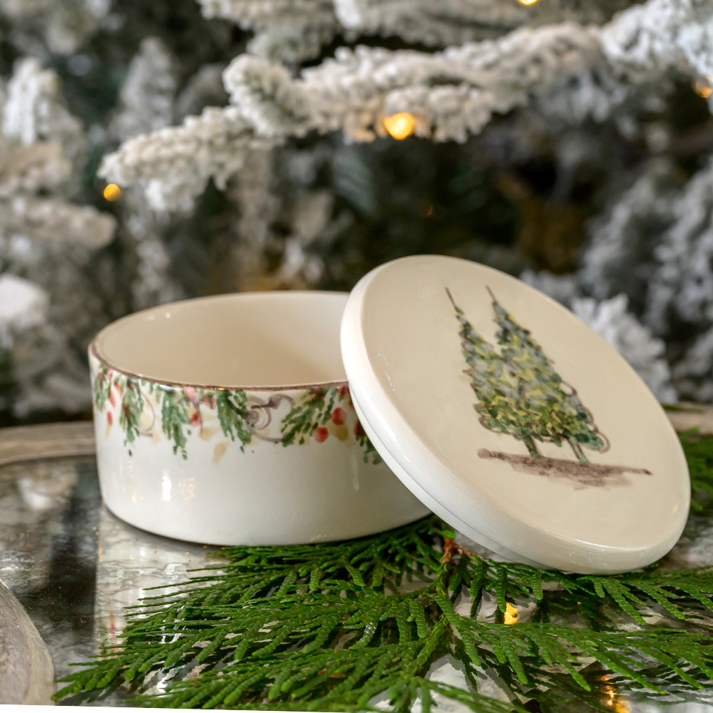 Arte Italica Natale keepsake box hand painted pine boughs Italian ceramic decorative accessory