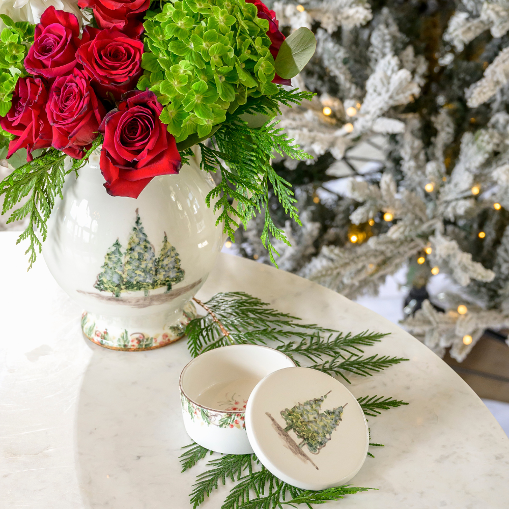 Arte Italica Natale keepsake box hand painted pine boughs Italian ceramic decorative accessory