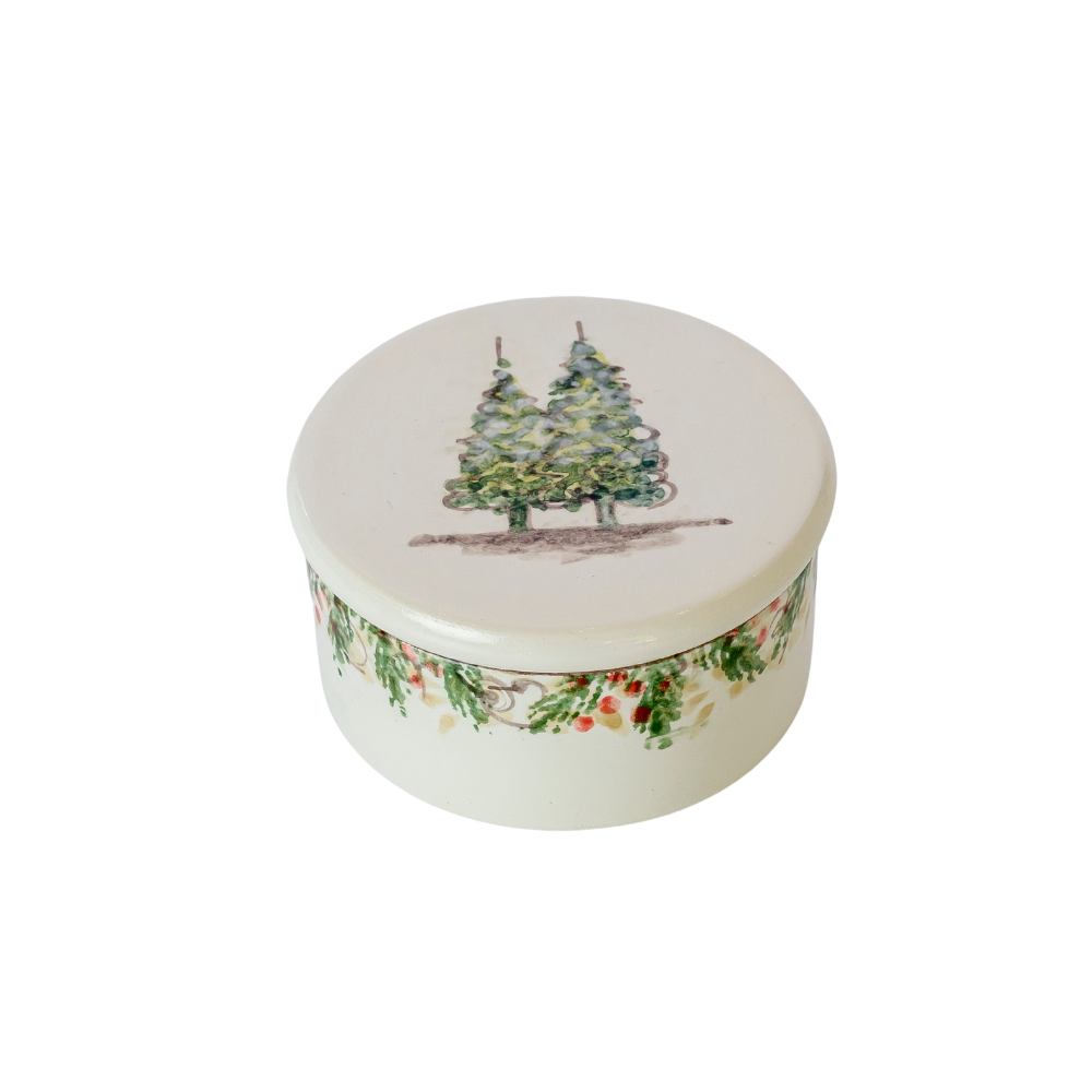 Arte Italica Natale keepsake box hand painted pine boughs Italian ceramic decorative accessory