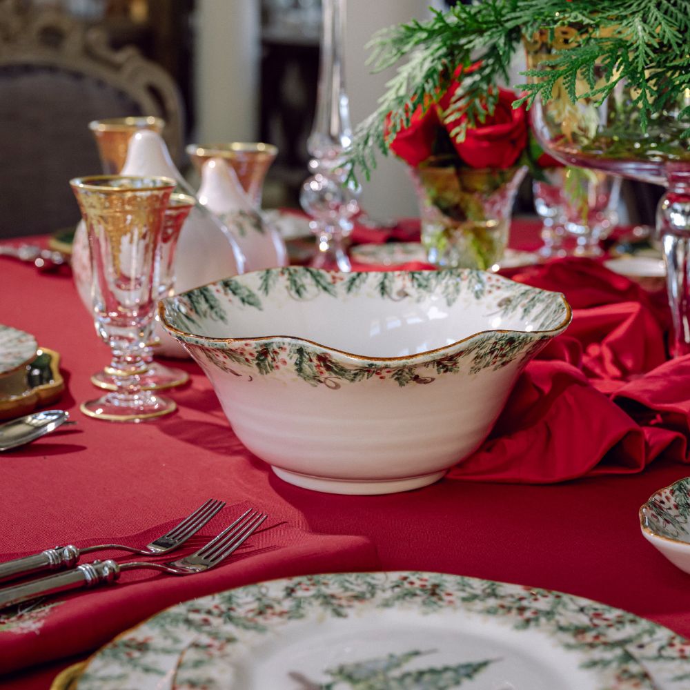 Arte Italica Natale large serving bowl hand painted snowy evergreens Italian ceramic holiday centerpiece