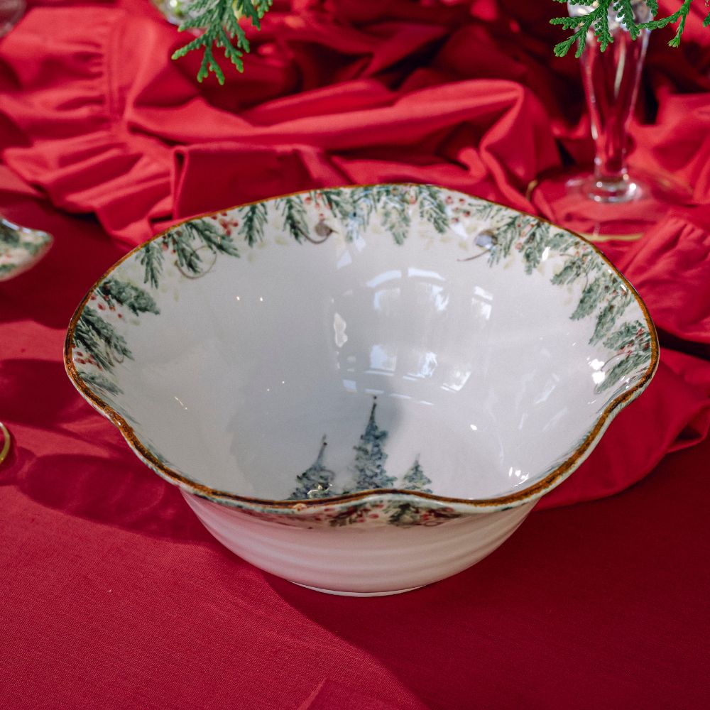 Arte Italica Natale large serving bowl hand painted snowy evergreens Italian ceramic holiday centerpiece