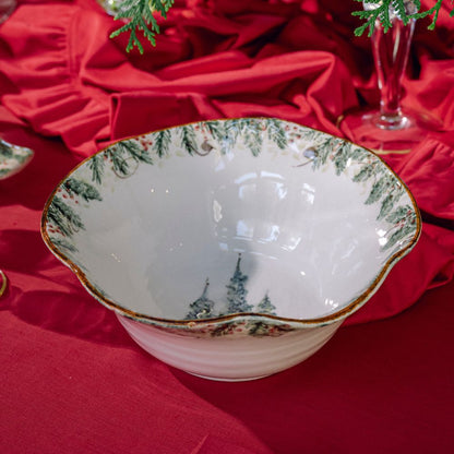 Arte Italica Natale large serving bowl hand painted snowy evergreens Italian ceramic holiday centerpiece