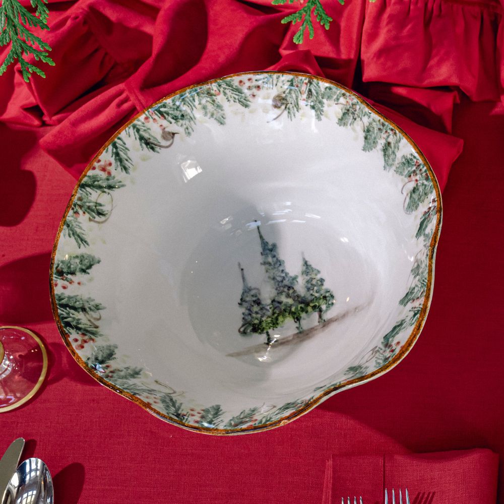 Arte Italica Natale large serving bowl hand painted snowy evergreens Italian ceramic holiday centerpiece