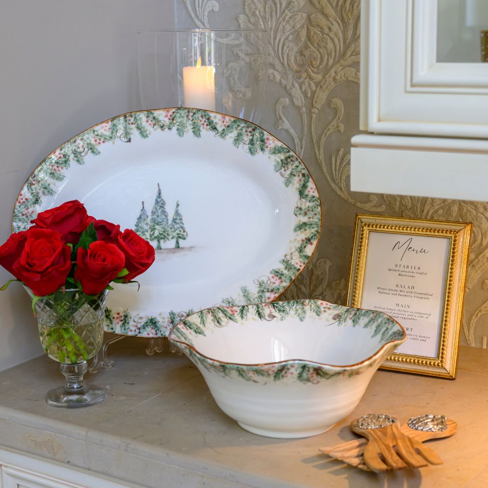 Arte Italica Natale large serving bowl hand painted snowy evergreens Italian ceramic holiday centerpiece