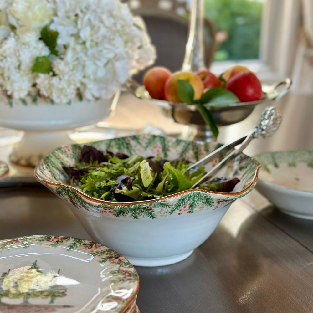 Arte Italica Natale large serving bowl hand painted snowy evergreens Italian ceramic holiday centerpiece