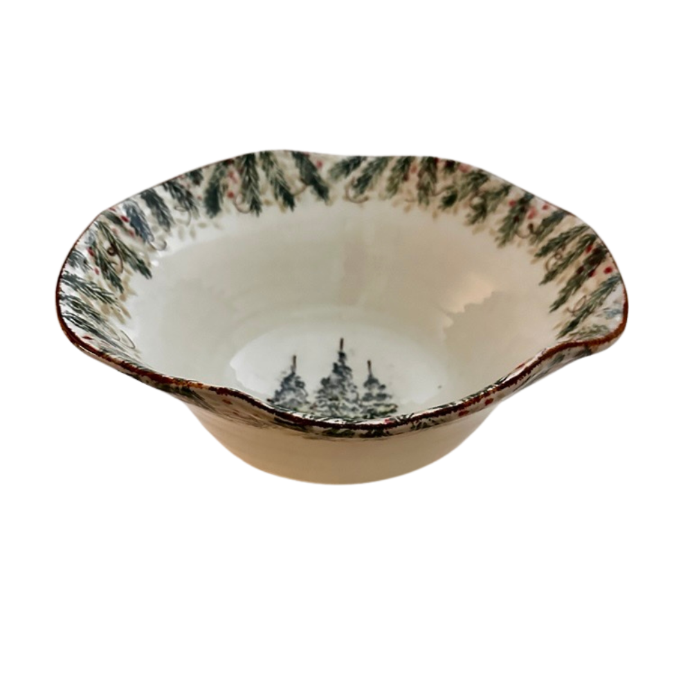Arte Italica Natale large serving bowl hand painted snowy evergreens Italian ceramic holiday centerpiece