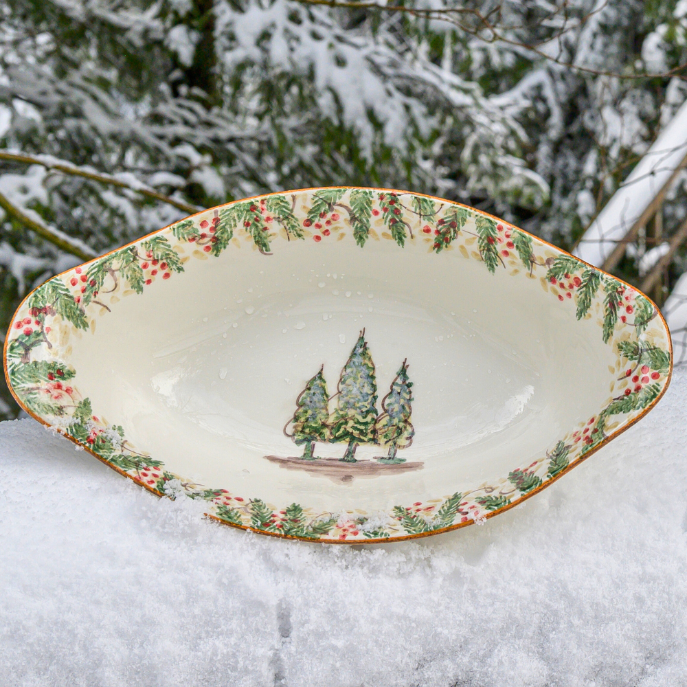 Arte Italica Natale oval serving bowl hand painted winterberries Italian ceramic holiday serving