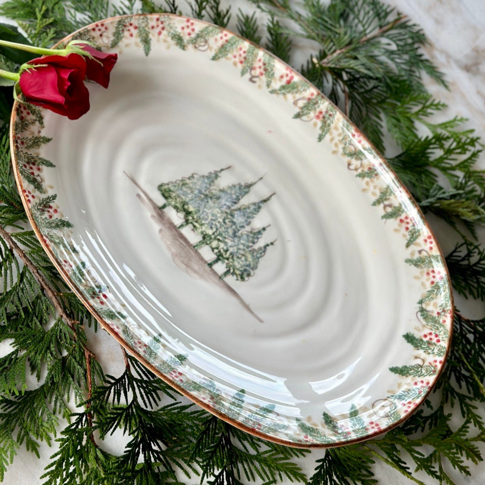 Arte Italica Natale large oval serving platter hand painted winterberries Italian ceramic holiday serving