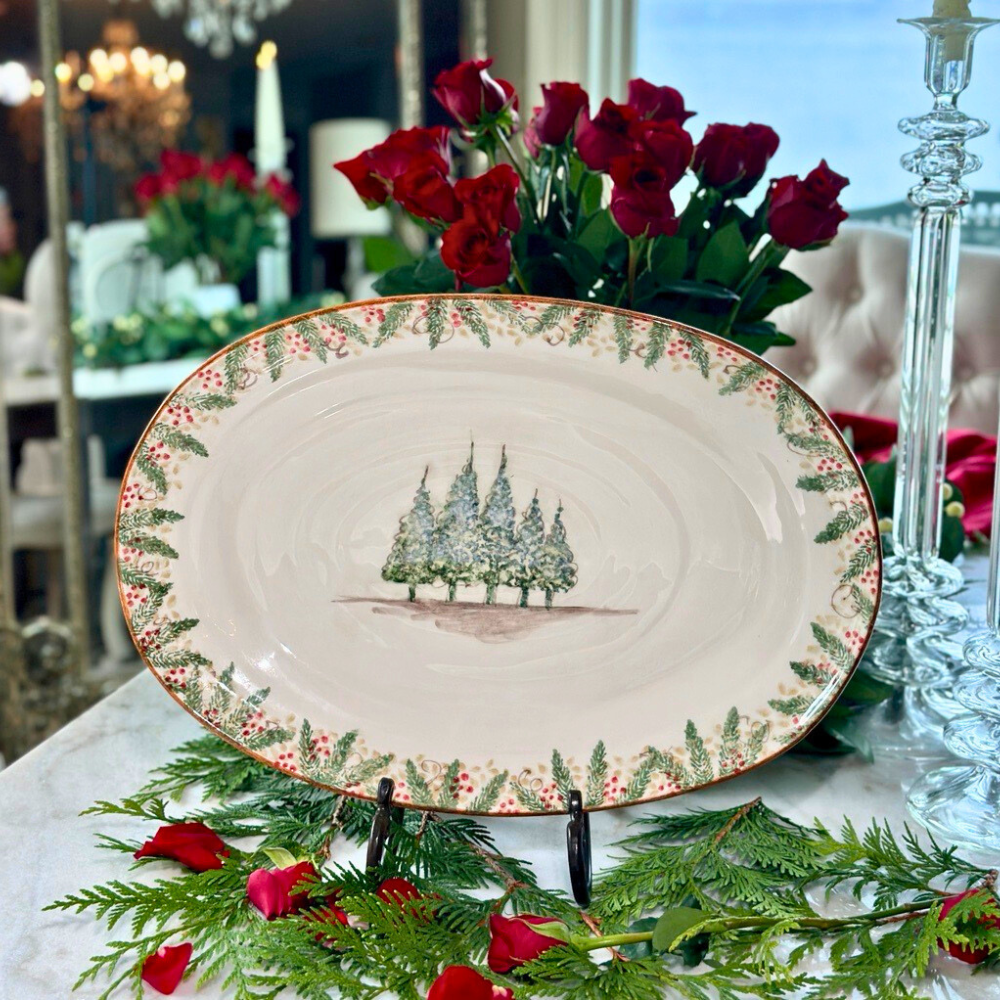 Arte Italica Natale large oval serving platter hand painted winterberries Italian ceramic holiday serving
