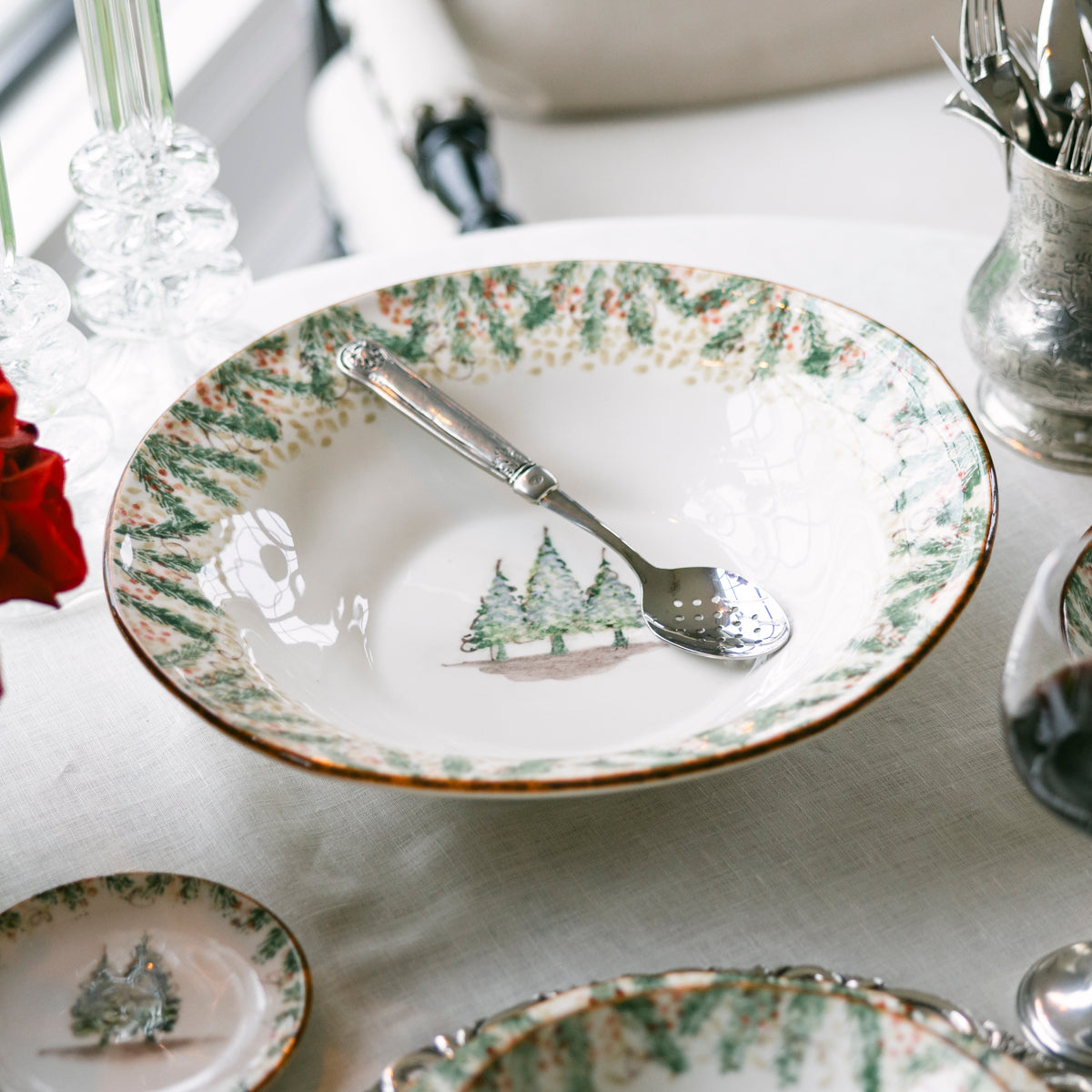 Arte Italica Natale pasta serving bowl hand painted snowy evergreens Italian ceramic