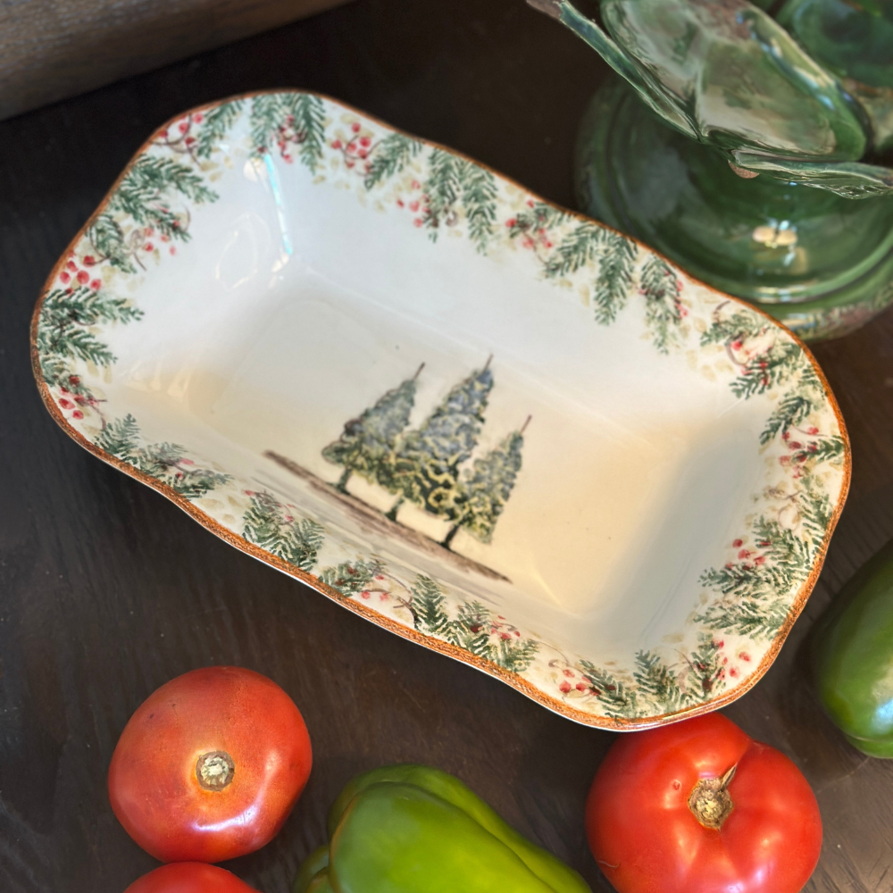 Arte Italica Natale rectangular dish hand painted snowy evergreens Italian ceramic holiday platter