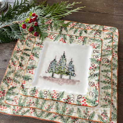 Arte Italica Natale salad and dessert square plate hand painted winterberries Italian ceramic holiday tableware