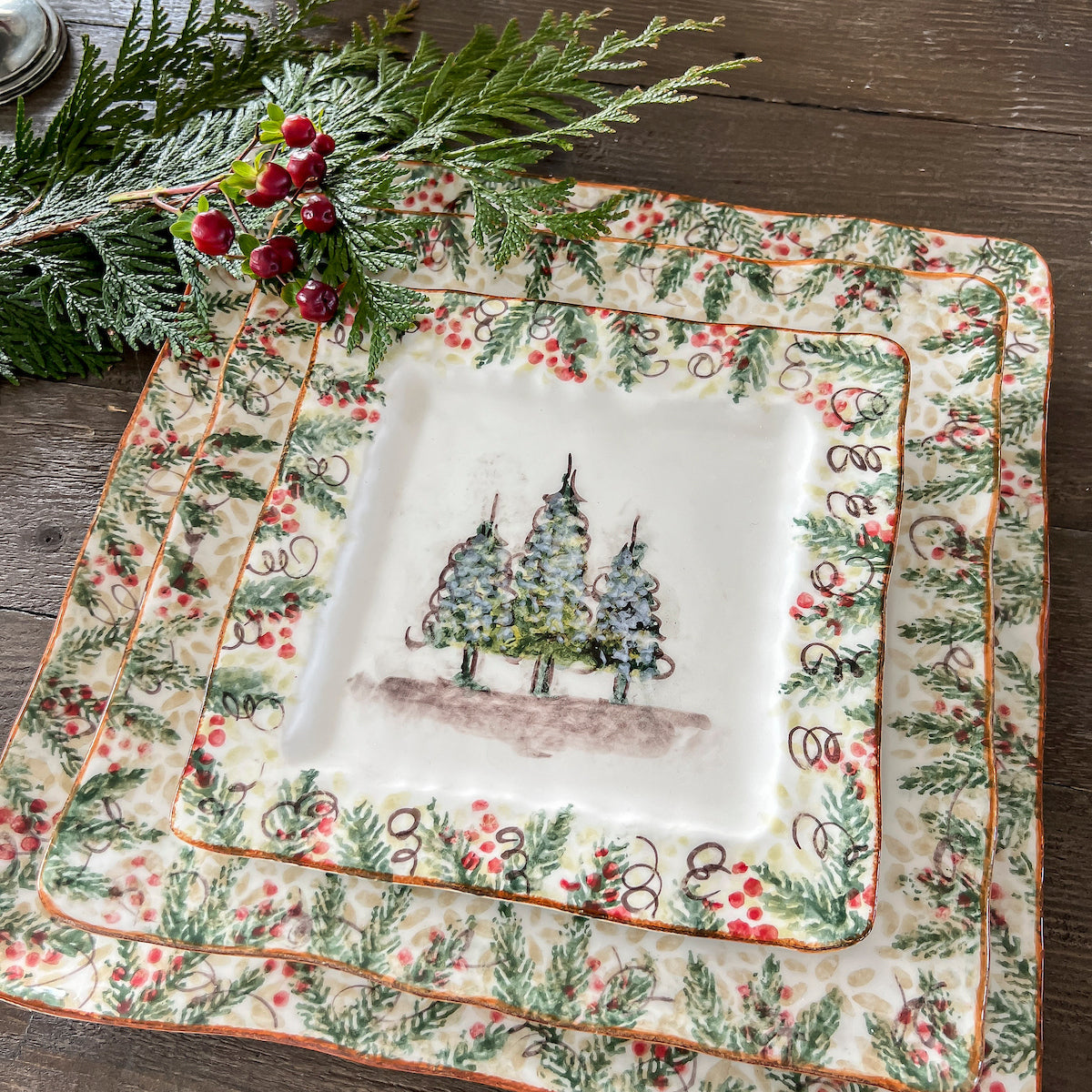 Arte Italica Natale square dinner plate hand painted snowy evergreens Italian ceramic holiday décor