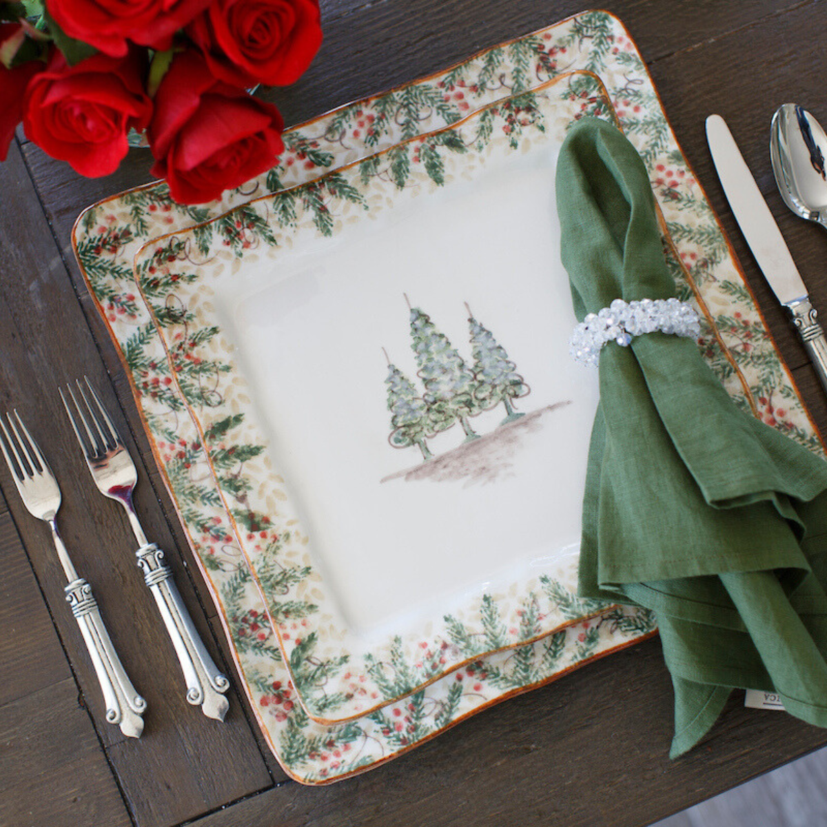 Arte Italica Natale square dinner plate hand painted snowy evergreens Italian ceramic holiday décor