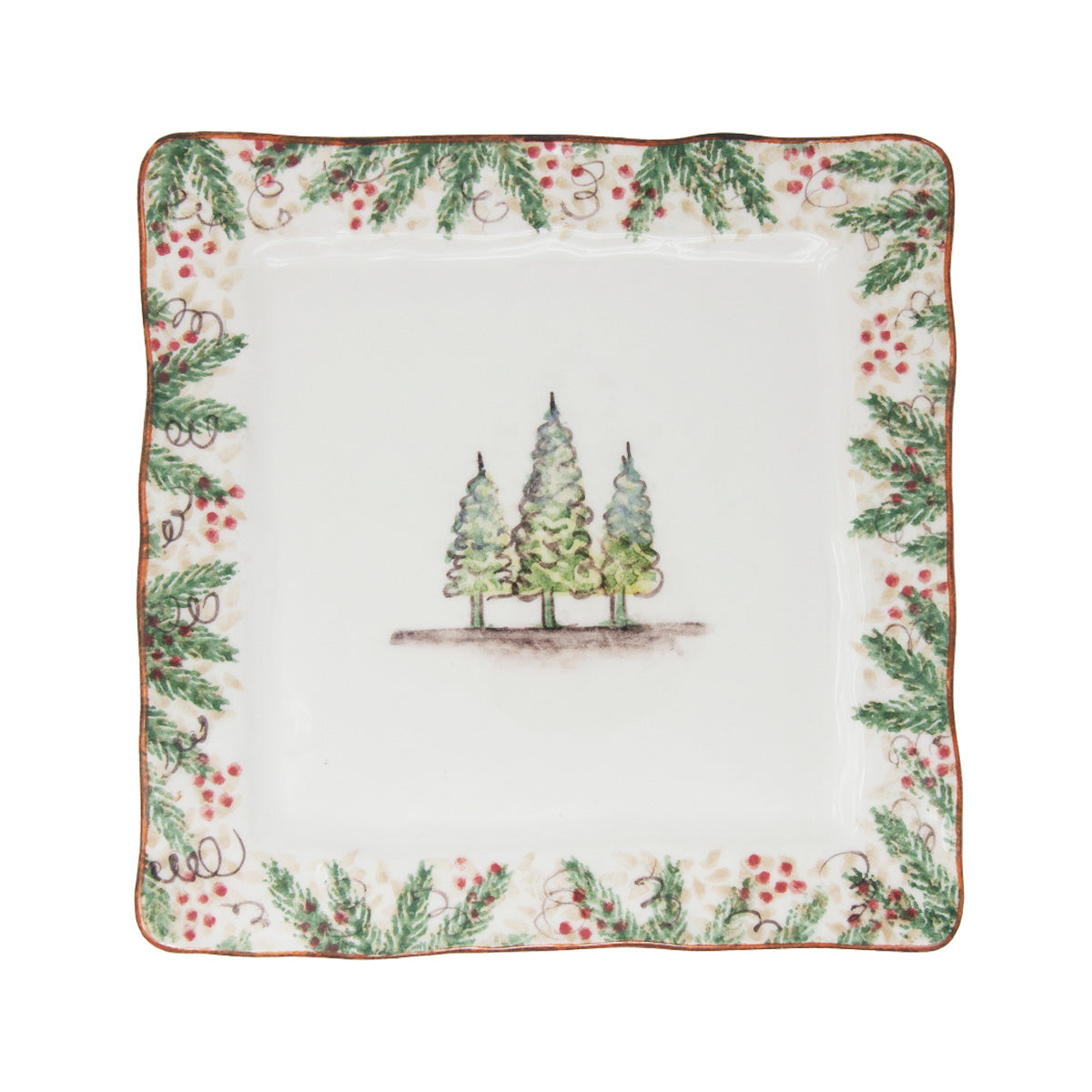 Arte Italica Natale square dinner plate hand painted snowy evergreens Italian ceramic holiday décor