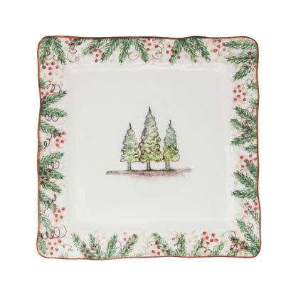 Arte Italica Natale square dinner plate hand painted snowy evergreens Italian ceramic holiday décor