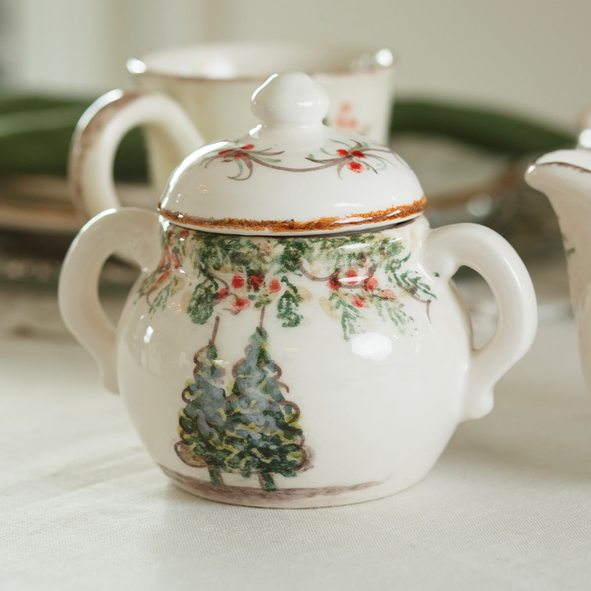 Arte Italica Natale sugar bowl hand painted winterberries Italian ceramic holiday serving
