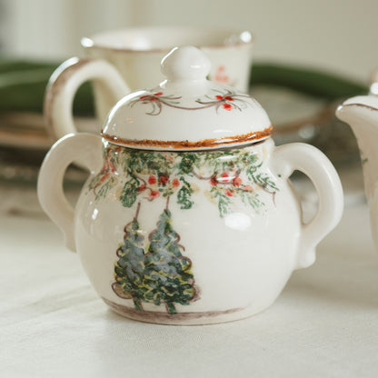 Arte Italica Natale sugar bowl hand painted winterberries Italian ceramic holiday serving