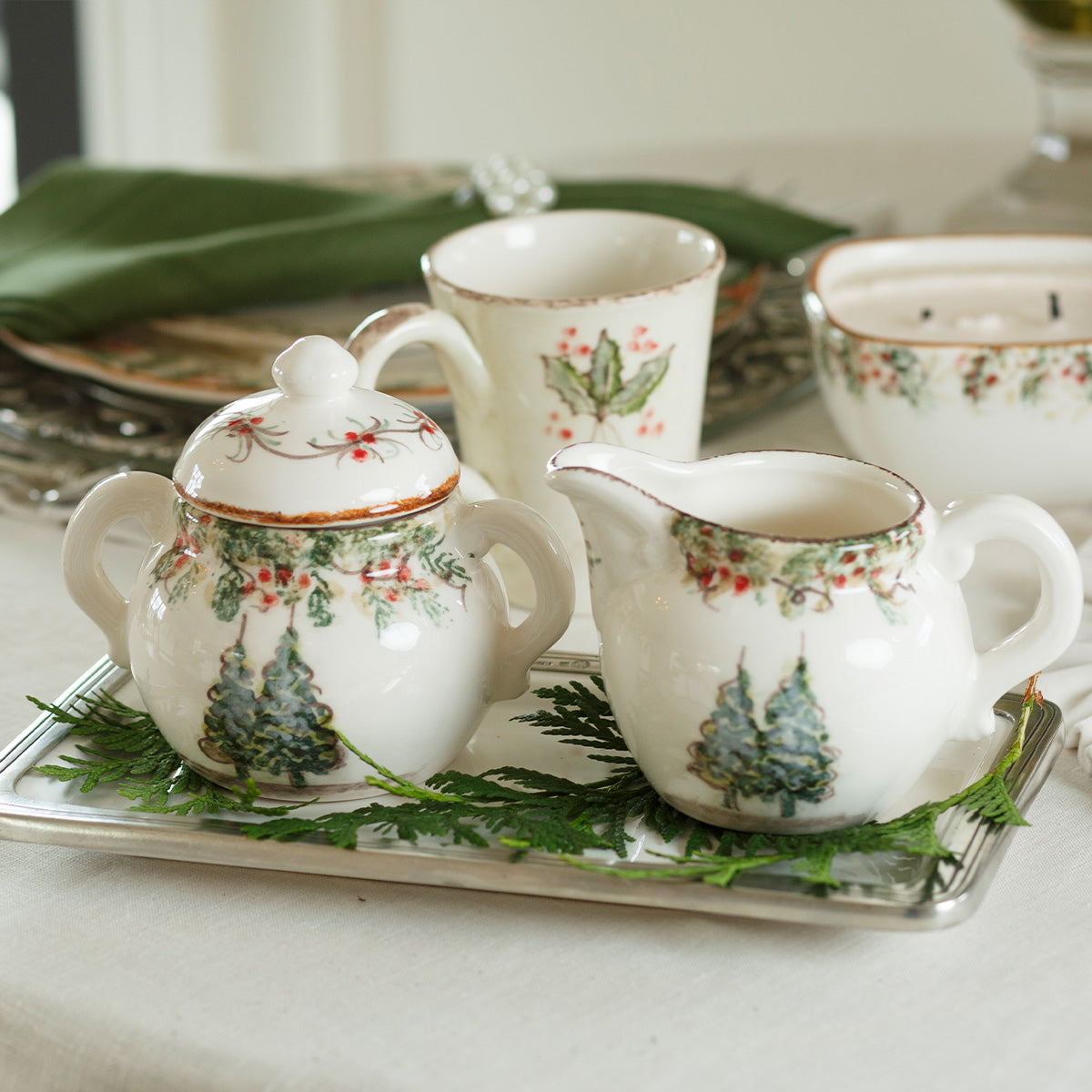 Arte Italica Natale sugar bowl hand painted winterberries Italian ceramic holiday serving