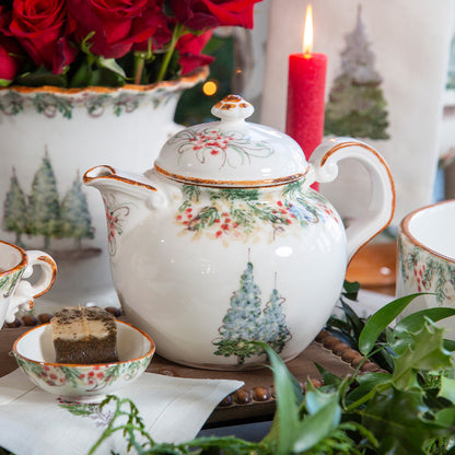 Arte Italica Natale teapot hand painted pine boughs Italian ceramic festive tea service