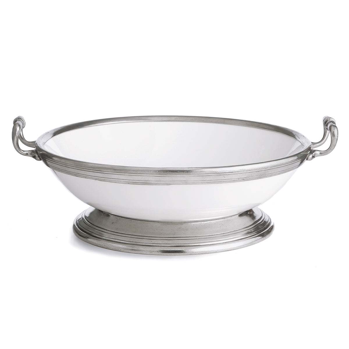 Large Tuscan footed bowl with handles in bianco white ceramic and pewter accents, ideal for serving pasta or salads.