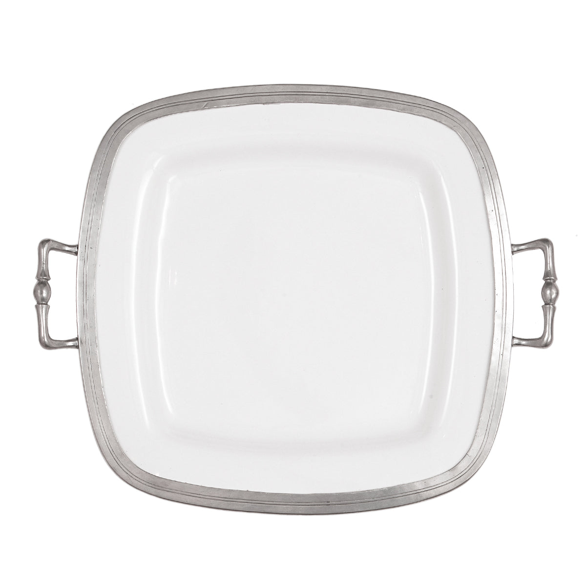 A square ceramic tray with handles, featuring a white base color with a metallic pewter border.