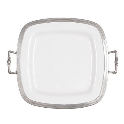A square ceramic tray with handles, featuring a white base color with a metallic pewter border.