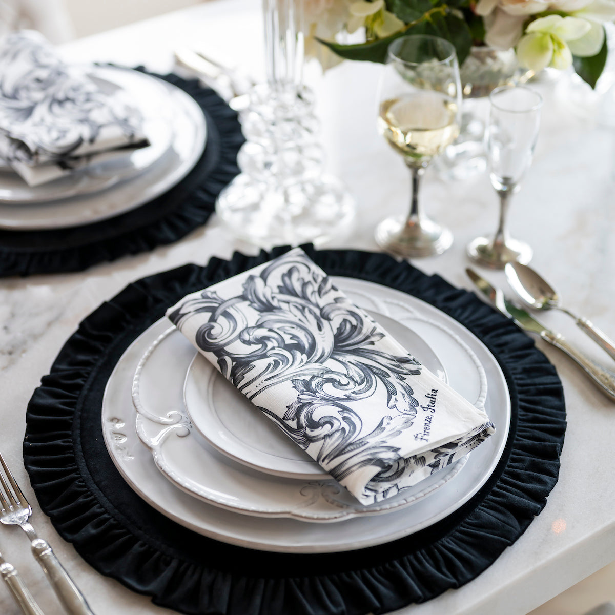 Firenze Large Napkin white Italian linen napkin for table setting side view on plate stack