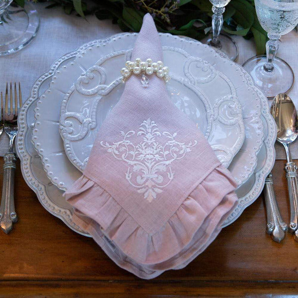 Crown Linen Designs Napkins Dusty Pink (White) Victorian Large Napkin with Ruffle