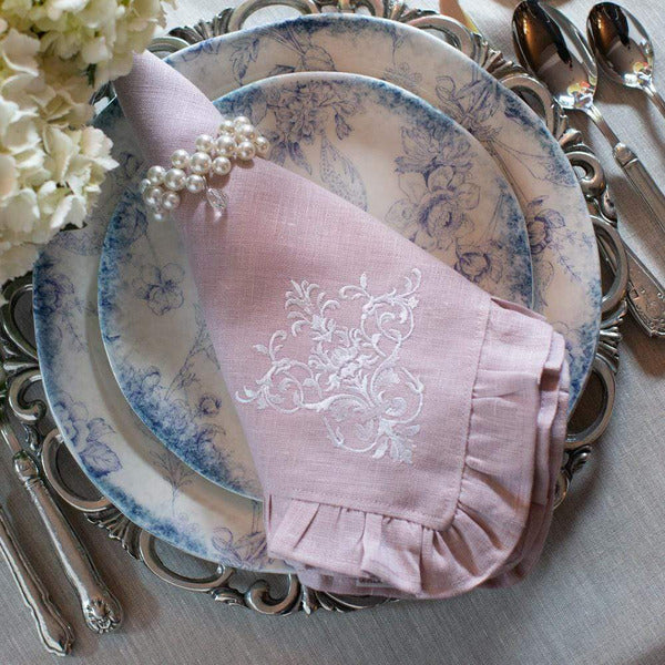 Crown Linen Designs Napkins Dusty Pink (White) Victorian Large Napkin with Ruffle