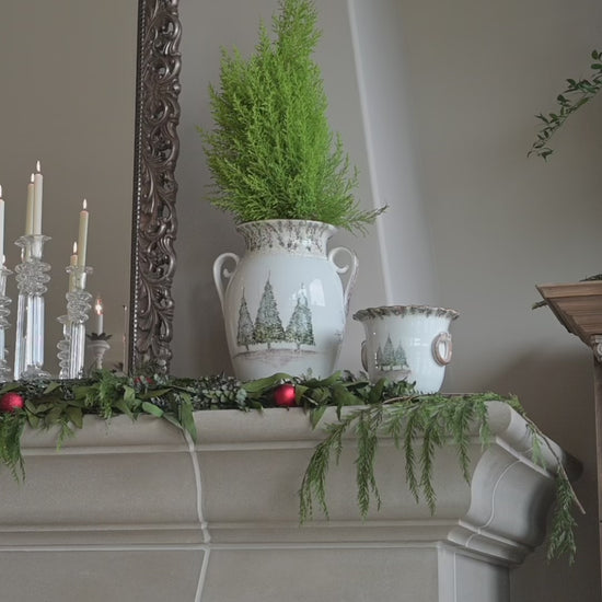 Arte Italica Natale urn hand painted snowy evergreens Italian ceramic festive décor